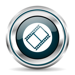 Poster - Movie vector icon. Chrome border round web button. Silver metallic pushbutton.