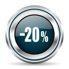 Poster - 20 percent sale vector icon. Chrome border round web button. Silver metallic pushbutton.
