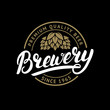 Brewery hand written lettering logo, label, badge template with hop for beer house, bar, pub, brewing company, tavern, wine whiskey market.
