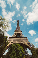 Eiffel Tower. Paris. France. Famous historical landmark on the quay of a river Seine. Romantic, tourist, architecture symbol. Toned