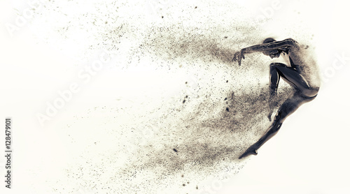 abstract-black-plastic-human-body-mannequin-with-scattering-particles-over-white-background-action-dance-jump-ballet-pose-3d-rendering-illustration