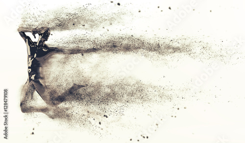 abstract-black-plastic-human-body-mannequin-with-scattering-particles-over-white-background-action-jumping-pose-3d-rendering-illustration