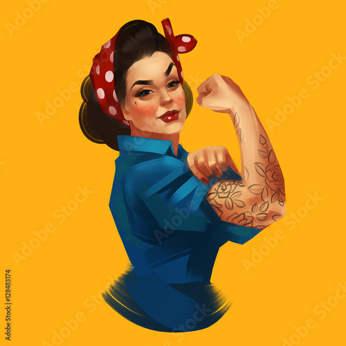 Wasserabweisende Stoffe - We Can Do It. Iconic woman's fist/symbol of female power and industry. Modern design inspired by classic american poster. (von Ira Cvetnaya)