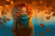 Portrait Of The Girl In A Coat And Scarf In Autumn Park With The Robin Birds. Raster Illustration. Art.