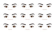 Various types of woman eyes. Set of vector eye shapes. Collection of illustrations with captions. Makeup type infographic. Different - close, protruding, hooded, almond, upturned on white background.