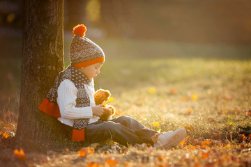 Poster - Adorable little boy with teddy bear in park on autumn day