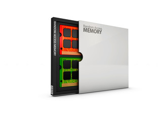 3d illustration of box with Computer Random Access Memory (RAM) chips.