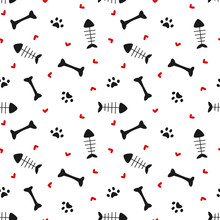 Cute Black White Red Seamless Vector Pattern Background Illustration With Bones, Hearts, Paws And Fish Bones

