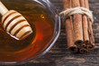 Honey with cinnamon on a wooden background