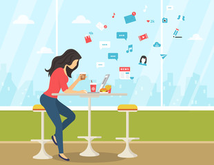 Wall Mural - Young woman working with laptop, eating burger and drinking coffee in student cafe. Flat modern illustration of social networking, searching and sending email and texting to friends