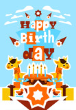 Fototapeta  - Greeting card with happy birthday. Cake with candles, a giraffe and a scarf. Gifts, clouds, Shooting Stars, letters, birds. Designed for printing invitations and congratulations.