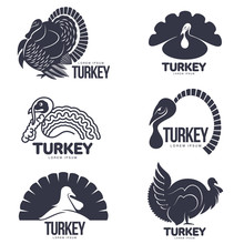 Set Of Turkey Stylized Graphic Logo Templates, Vector Illustration On White Background. Various Black And White Turkey Heads And Full Bodies For Business, Farm, Poultry Logo Design