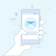 Poster - Hand Cell Smart Phone Envelope Send Business Mail Vector Illustration