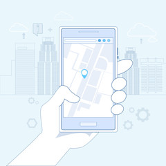 Poster - Hand Hold Cell Smart Phone Application Online Gps Navigation Vector Illustration