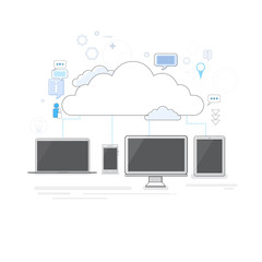 Poster - Computer Device Data Cloud Storage Security Thin Line Vector Illustration