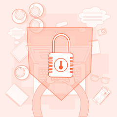 Poster - Business Workplace Desk Hands Working Laptop Lock Data Security System Vector Illustration