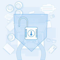 Poster - Business Workplace Desk Hands Working Laptop Lock Data Security System Vector Illustration