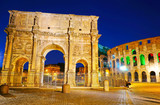 Fototapeta Boho - View of the Arch of Constantine and Colosseum at night in Rome, Italy