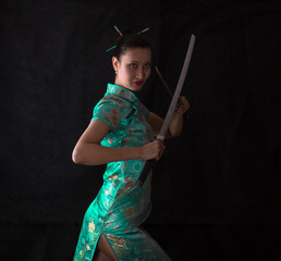 Samurai Girl, female ninja, samurai sword, katana, studio portrait