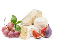 Soft Cheese With Grapes And Figs Isolated On White