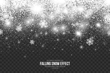 Wall Mural - falling snow effect on transparent background vector illustration. abstract bright white shimmer glo