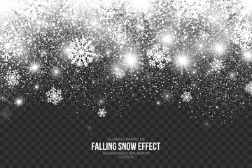 Wall Mural - falling snow effect on transparent background vector illustration. abstract bright white shimmer glo