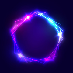 Wall Mural - neon sign. pentagon background with blank space for your text. glowing electric abstract frame on da
