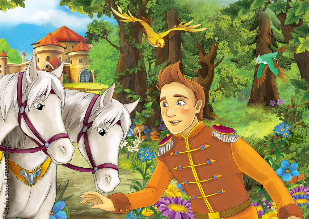 Cartoon happy and funny scene with couple of horses near the path to ...