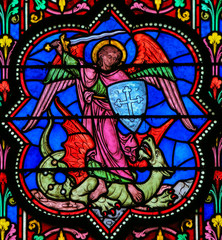 Wall Mural - Stained Glass - the Archangel Michael vanquishing Satan