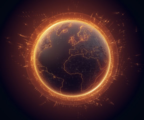 Fototapete - 3d illustration of detailed virtual planet Earth with glow and orange bright elements. Technological digital globe world. 3d rendering