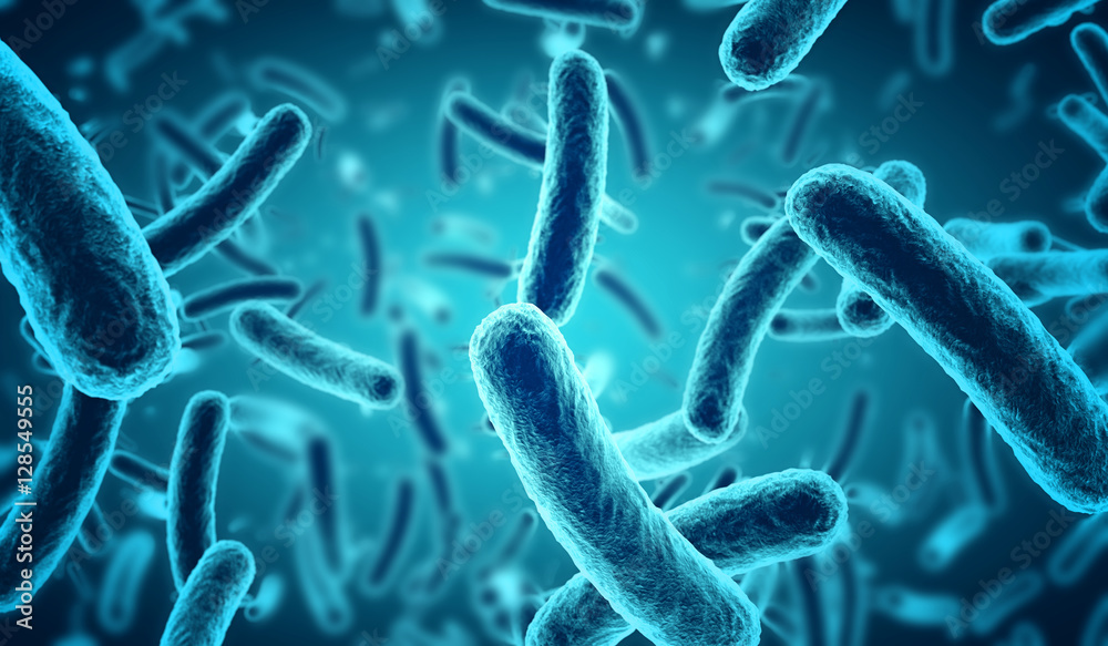 close up of 3d microscopic blue bacteria - obrazy, fototapety, plakaty 