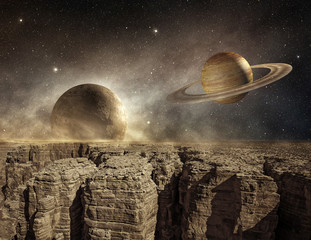 Canvas Print - saturn and moon in the sky of a barren landscape
