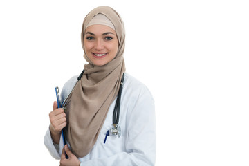 Wall Mural - Closeup portrait of friendly, smiling confident Muslim female doctor celebrating success