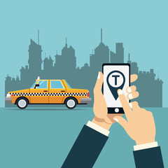 Canvas Print - hand hold mobile taxi service online app city background vector illustration eps 10