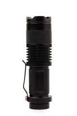 black metallic flashlight isolate on white background.