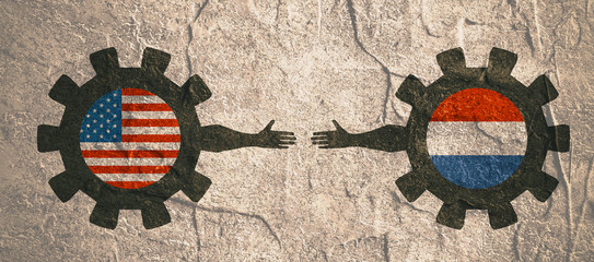 Wall Mural - Web Banner, Header Layout Template. Politic and economic relationship between USA and Netherlands. National flags on cog wheels. Concrete textured