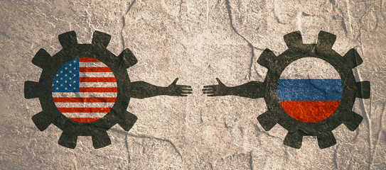 Wall Mural - Web Banner, Header Layout Template. Politic and economic relationship between USA and Russia. National flags on cog wheels. Concrete textured