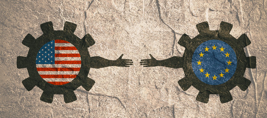 Wall Mural - Web Banner, Header Layout Template. Politic and economic relationship between USA and European Union. National flags on cog wheels. Concrete textured