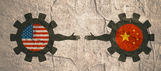 Wall Mural - Web Banner, Header Layout Template. Politic and economic relationship between USA and China. National flags on cog wheels. Concrete textured