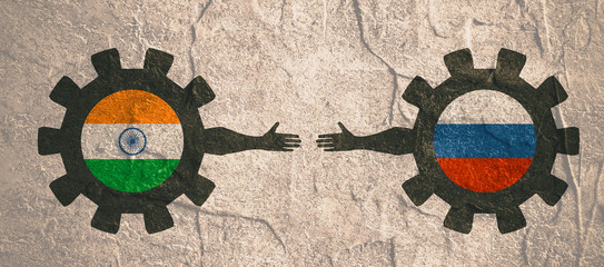 Wall Mural - Web Banner, Header Layout Template. Politic and economic relationship between India and Russia. National flags on cog wheels. Concrete textured