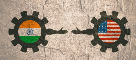 Wall Mural - Web Banner, Header Layout Template. Politic and economic relationship between India and USA. National flags on cog wheels. Concrete textured