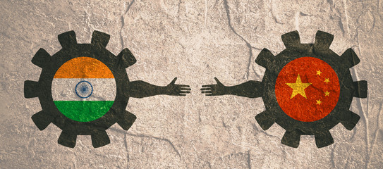 Wall Mural - Web Banner, Header Layout Template. Politic and economic relationship between India and China. National flags on cog wheels. Concrete textured