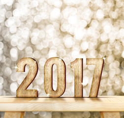 Poster - 2017 year wood number on wood table with gold sparkling bokeh wa