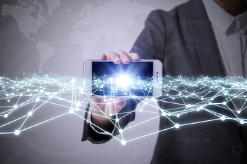 Poster - business person holding smart phone and mesh communication network concept