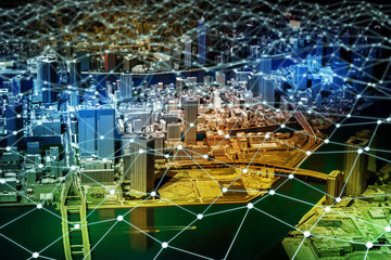 Poster - modern city diorama and network grid pattern, Internet, Sensor Network, Smart Grid, abstract image visual
