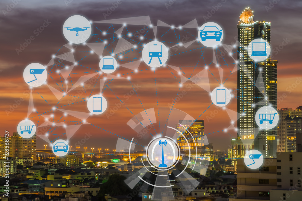 Internet of Things and Smart city concept. Smart things icons mesh on ...
