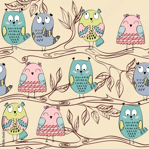 Obraz w ramie Owls sitting on a tree branch. Seamless pattern