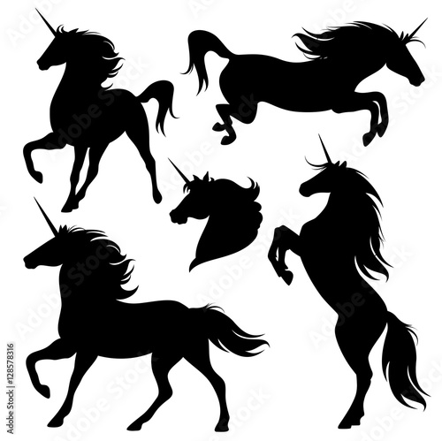Fotografie, Obraz unicorn horses black vector silhouette set