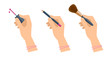 © peart - Women's hands with cosmetic accessories: lip pen, eyeshadow brush, nail polish. Flat illustration of female hands with cosmetical tools. Vector isolated on white background design elements.