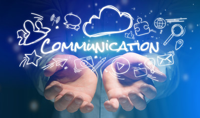 concept of hands holding communication icon around